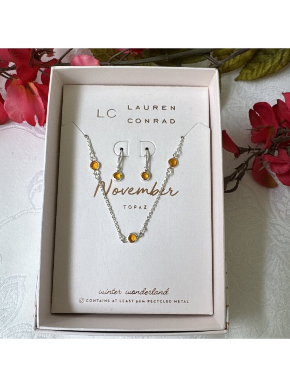 LC Lauren Conrad Goldtone November Topaz Necklace Earring Set 2 PC Gift Box 16"